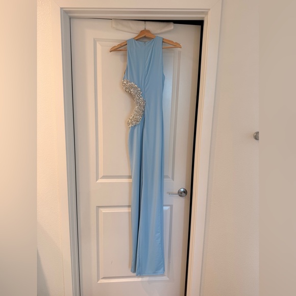 NWOT BRONX AND BANCO Camila Rhinestone Cutout Maxi Dress in powder blue - Picture 8 of 12